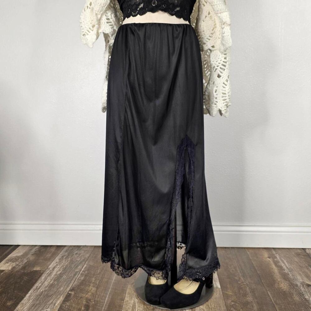 Vintage Slip Skirt Lace Slit Midi Black Nylon Gothic Lingerie Whimsigoth Sheer